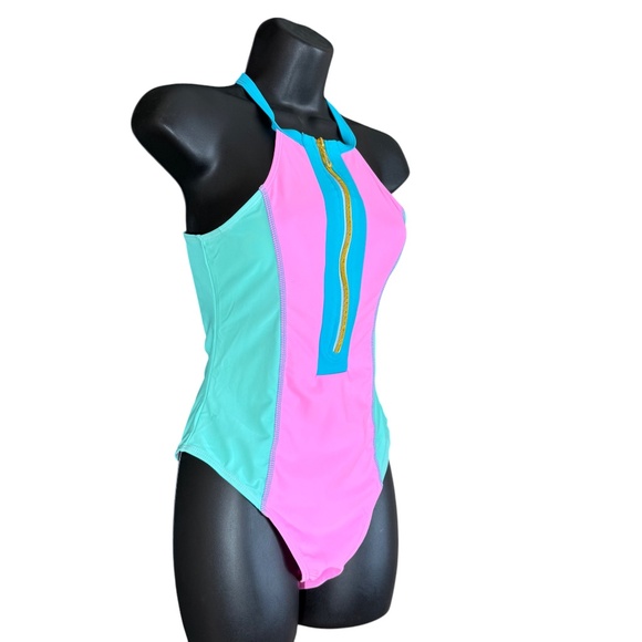 NWT Bikinx Pink & Green Front Zip One Piece Swimsuit Women's Size Small - Picture 8 of 17